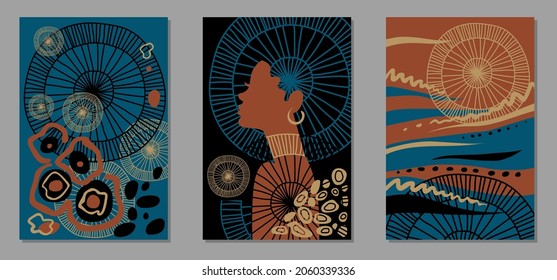 Set of abstract posters with black woman and African motifs. Flat design in dark colors, blue, terracotta, beige and black. Vector backgrounds for print, cover and wall art.