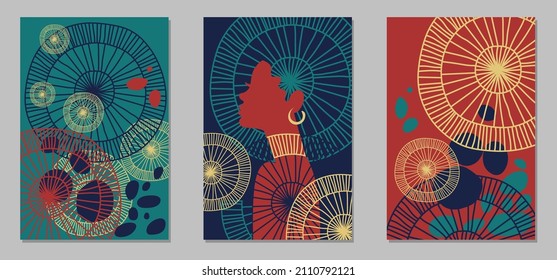 Set of abstract posters with black woman and African motifs. Flat design in dark colors, blue, emerald, red and beige. Vector backgrounds for print, cover and wall art.