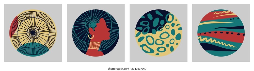 Set of abstract posters with black woman, African motifs and abstract elements. Colorful circles on a gray background. Flat design in black, emerald, red, beige. Vector for print, cover and wall art.