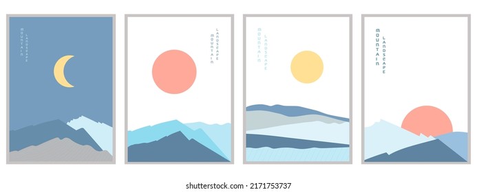 Afiches abstractos con paisajes de montaña azules. Antecedentes geométricos al estilo japonés asiático. Símbolo abstracto para impresión, afiche, pegatina, diseño de tarjeta. 