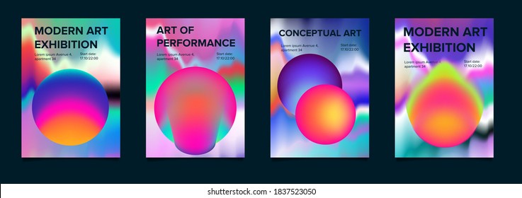 Set of abstract posters with blurry neon circles on dark background. Collection of trendy covers for fashion, science or music event.
