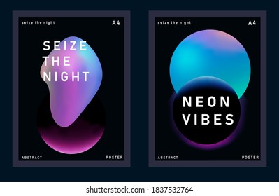 Set of abstract posters with blurry neon circles on dark background. Collection of trendy covers for fashion, science or music event.