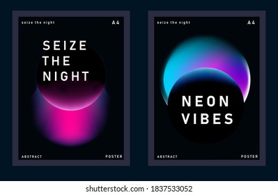 Set of abstract posters with blurry neon circles on dark background. Collection of trendy covers for fashion, science or music event.