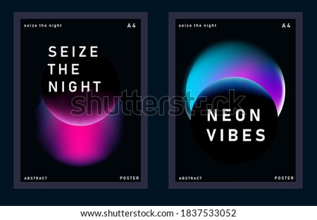 Set of abstract posters with blurry neon circles on dark background. Collection of trendy covers for fashion, science or music event.