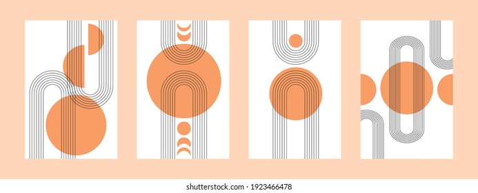 Set of abstract posters with boho arches, stripes and simple shapes in warm orange colors. Interior wall posters. Boho arch in minimalism style. Simple collection - four minimalistic wall banners.