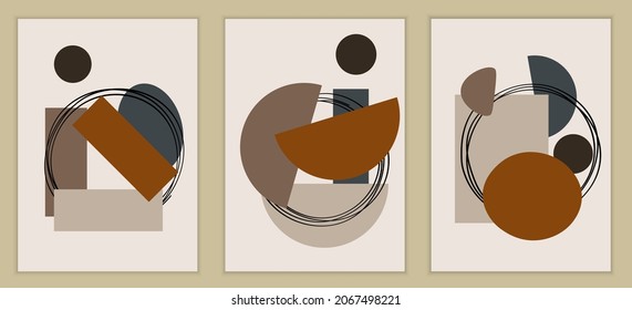 
Set of abstract posters in boho style. Modern geometric shapes of the elements. Design for wall art. Minimalistic illustrations for wall decoration. Vector