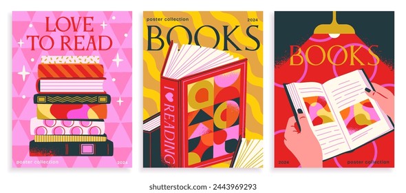 Set of abstract posters with books. Love of reading and literature. Pop art covers with stacks of books and hands holding open textbook. Cartoon flat vector illustrations isolated on white background