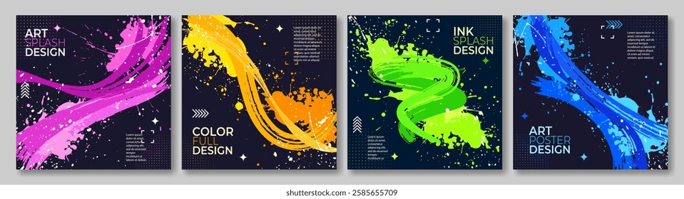 Set of abstract posters. Bright splash of paint or ink on a black background, brush strokes. Halftone elements. Vector image. Cover, invitation, postcard, poster design.
