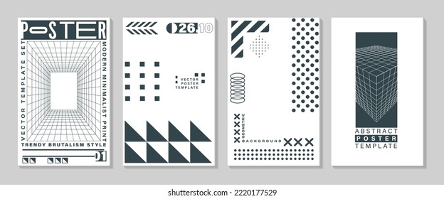 A set of abstract posters in the brutalist style. Modern print with simple geometric shapes and graphic elements