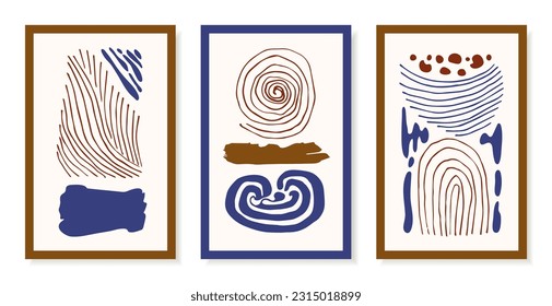 Afiches abstractos en tonos beige-marrón. Decoración en las paredes, decoración interior. Líneas, puntos. Dibujo de garabatos dibujado a mano.