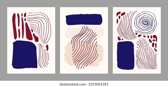 Set of abstract posters, calm beige-brown, dark blue colors. Wall decoration, interior design. Lines, spots. Hand drawn doodle drawing. Covers and brochures.