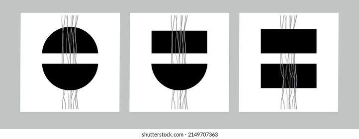 set of abstract posters with circle and square with lines