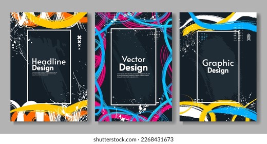 Set of abstract posters with colored frames. Poster template with dark backdrop and brush lines. Creative design for poster, cover, brochure, banner, invitation, greeting card.