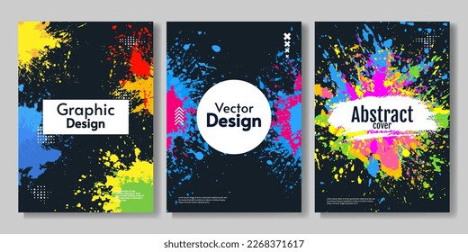 Set of abstract posters. Colored paint splash. Poster template with dark backdrop. Creative design for poster, cover, brochure, banner, invitation, greeting card.