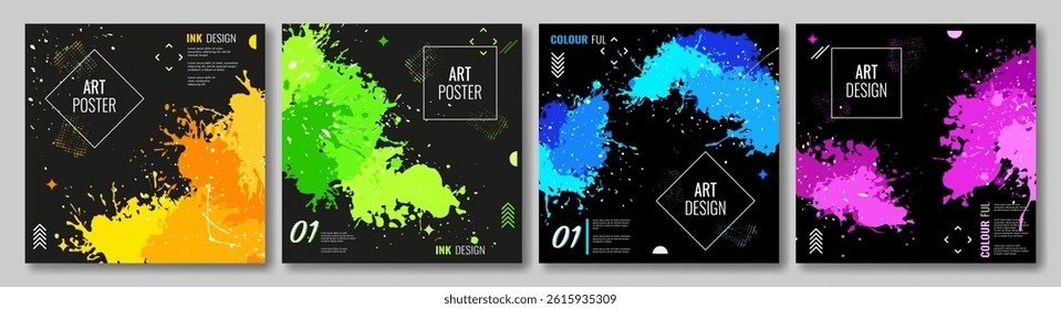 Set of abstract posters. A colorful splash of paint or ink on a black background. Design background, cover, postcard, magazine, poster. Vector illustration.	
