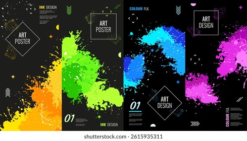 Set of abstract posters. Colorful splash of paint or ink on black background. Vector illustrations.
