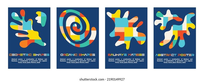 Set of abstract posters, a combination of Matisse and Bauhaus, trendy geometric and organic shapes. Coral, plant, flowers, seashell. Minimalist, aesthetic, modern creative art, illustration, vector.