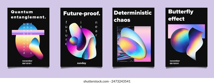 Set of abstract posters with complex 3d shapes in holographic bright neon colors. Ideal for invitations to scientific conferences and symposiums.