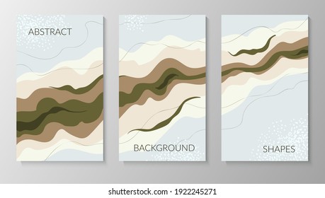 Set of abstract posters with composition of organic wave shapes in trendy modern style. Place for text. Smooth lines, spots, shapes. Can be used to decorate covers, postcards, walls. Vector illustration