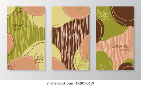 Set of abstract posters with composition of organic shapes in trendy modern style. Place for text. Smooth lines, spots, shapes. Can be used to decorate covers, postcards, walls. Vector illustration