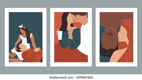 Set of abstract posters with couples in love. Vector illustration.