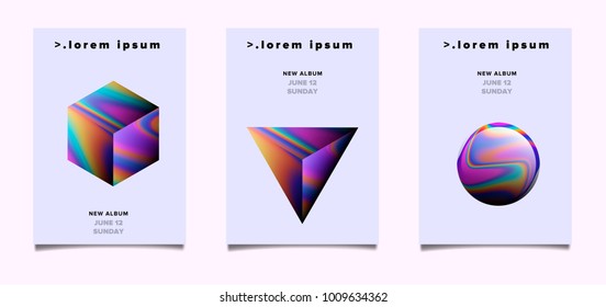 Set of abstract posters with cube, sphere, triangle - cosmic elixir stones with iridescent rainbow marbling stains. Synthwave/ retrowave style.