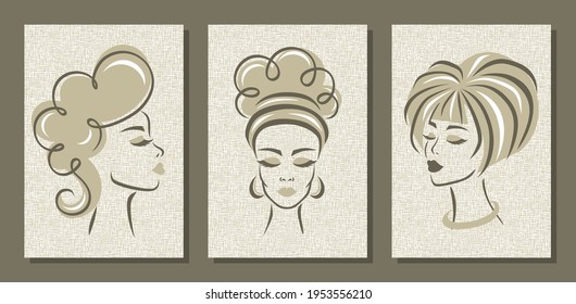 Set of abstract posters with cute women. Paintings for decorating the interior of a hairdresser, beauty salon, yoga, spa center. Monochrome, gray, beige, brown calm colors. Canvas texture, rough linen