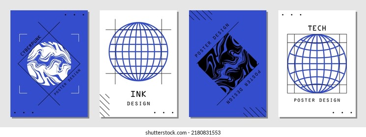Conjunto de afiches abstractos al estilo ciberpunk para su banner, volante o tarjeta de visita. Colores modernos y de moda, arte minimalista.