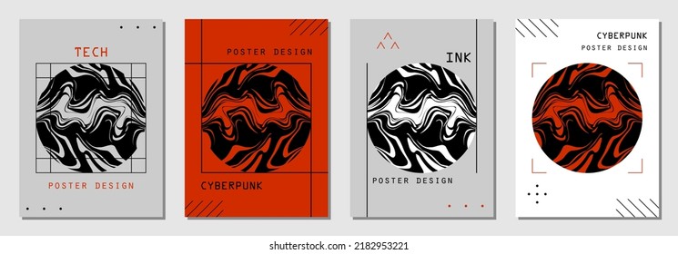Set of abstract posters in cyberpunk style for your banner, flyer or business card. Modern, trendy colors, minimalism art.