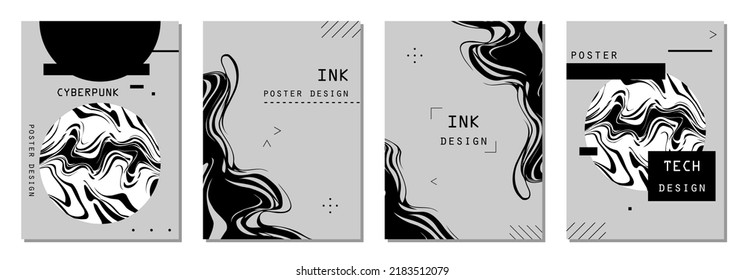 Set of abstract posters in cyberpunk style for your banner, flyer or business card. Modern, trendy colors, minimalism art, vector illustration.