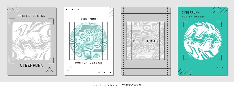 Set of abstract posters in cyberpunk style for your banner, flyer or business card. Modern, trendy colors, minimalism art, vector illustration.