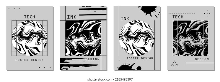 Set of abstract posters in cyberpunk style for your banner, flyer or business card. Modern, trendy colors, minimalism art, vector illustration.