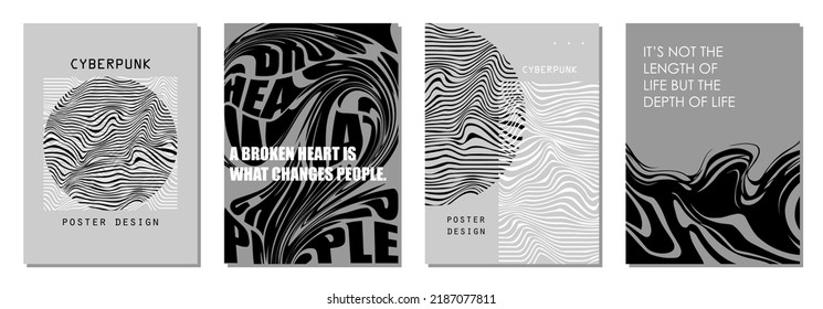 Conjunto de afiches abstractos al estilo ciberpunk para su banner, volante o tarjeta de visita. Colores modernos, de moda, arte minimalista, ilustración vectorial.