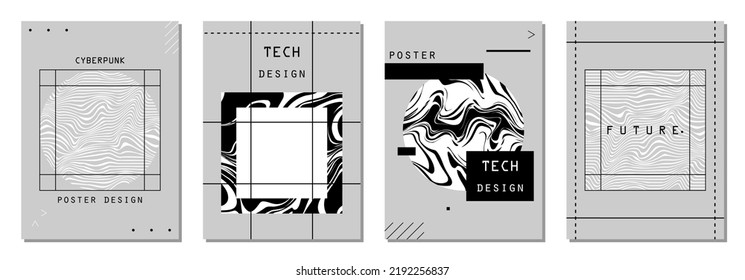 Conjunto de afiches abstractos al estilo ciberpunk para su banner, volante o tarjeta de visita. Colores modernos, de moda, arte minimalista, ilustración vectorial.