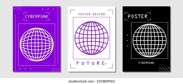 Set of abstract posters in cyberpunk style for your banner, flyer or business card. Modern, trendy colors, minimalism art, vector illustration.