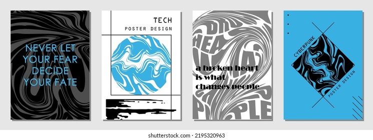 Set of abstract posters in cyberpunk style for your banner, flyer or business card. Modern, trendy colors, minimalism art, vector illustration.