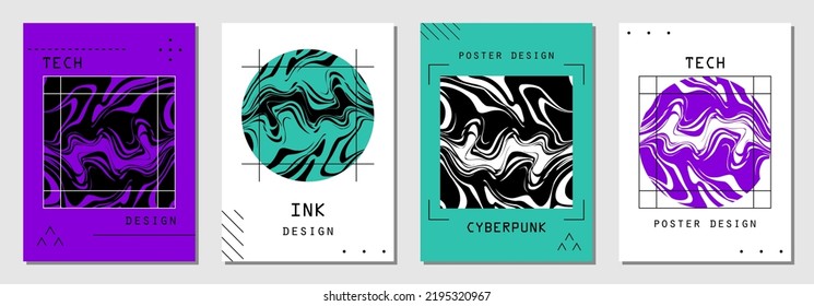 Set of abstract posters in cyberpunk style for your banner, flyer or business card. Modern, trendy colors, minimalism art, vector illustration.