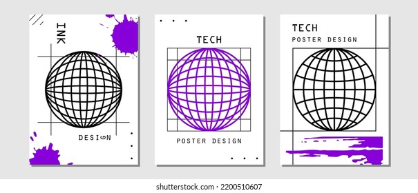 Set of abstract posters in cyberpunk style for your banner, flyer or business card. Modern, trendy colors, minimalism art, vector illustration.
