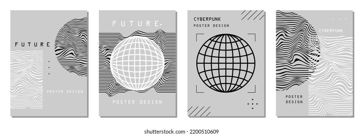 Set of abstract posters in cyberpunk style for your banner, flyer or business card. Modern, trendy colors, minimalism art, vector illustration.