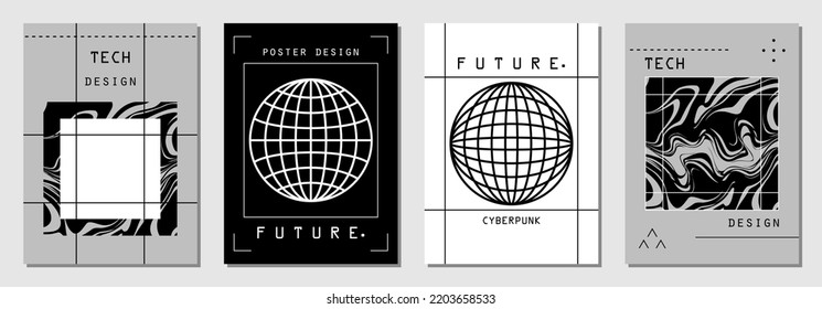 Set of abstract posters in cyberpunk style for your banner, flyer or business card. Modern, trendy colors, minimalism art, vector illustration.