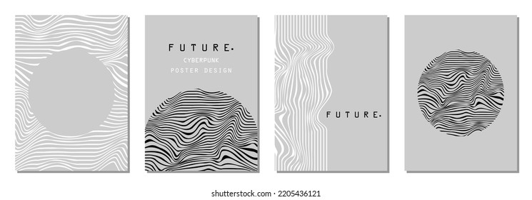 Set of abstract posters in cyberpunk style for your banner, flyer or business card. Modern, trendy colors, minimalism art, vector illustration.
