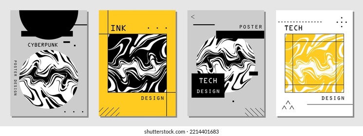 Conjunto de afiches abstractos al estilo ciberpunk para su banner, volante o tarjeta de visita. Colores modernos, de moda, arte minimalista, ilustración vectorial.
