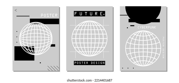Set of abstract posters in cyberpunk style for your banner, flyer or business card. Modern, trendy colors, minimalism art, vector illustration.