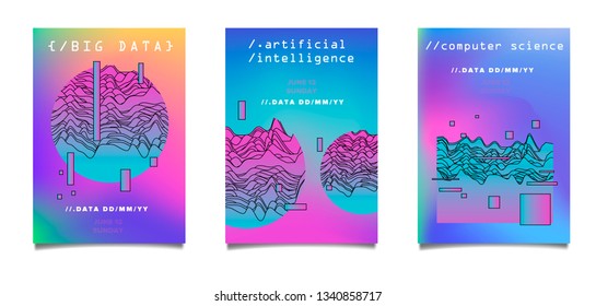 Set of abstract posters in cyberpunk/ synthwave style for IT event, Hackathon, Code Meetup. Composition of glitched and defaced geometric shapes in vivid neon color palette.