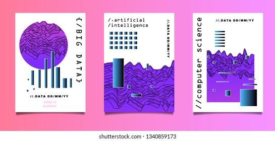 Set of abstract posters in cyberpunk/ synthwave style for IT event, Hackathon, Code Meetup. Composition of glitched and defaced geometric shapes in vivid neon color palette.