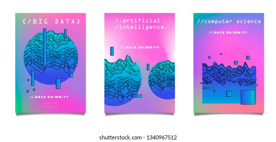 Set of abstract posters in cyberpunk/ synthwave style for IT event, Hackathon, Code Meetup. Composition of glitched and defaced geometric shapes in vivid neon color palette.