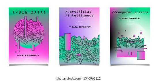 Set of abstract posters in cyberpunk/ synthwave style for IT event, Hackathon, Code Meetup. Composition of glitched and defaced geometric shapes in vivid neon color palette.