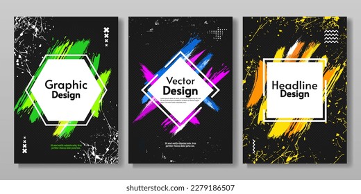 Set of abstract posters with dark background. Vector illustration. Modern colors. Paint splash and scratches. Creative vector design for cover, poster, brochure.