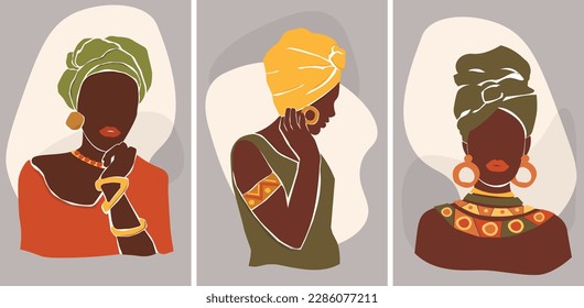 A set of abstract posters with dark-skinned women from Africa in national clothes. Vector graphics.