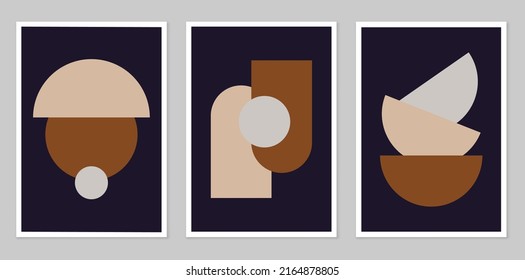 Un conjunto de afiches abstractos que representan figuras simples. Marco moderno y minimalista de estilo boho moderno. Decoración de pared de mediados del siglo, huella de arte vectorial. Composición de cifras simples.